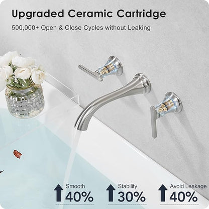 Brass Wall Mount Tub Filler, High Flow 8" Spout Reach Brushed Nickel Bathtub Faucet, 2 Handles Tub Faucets, Rough in Valve Included