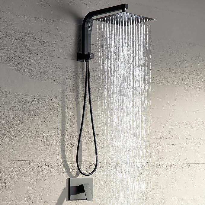 Black Shower Head and Handle Set, Shower Faucet Set with 10 Inch Rain Shower Heads with Handheld Spray Combo, Rainfall Bathroom Shower System Rain Shower Head and Handle Set