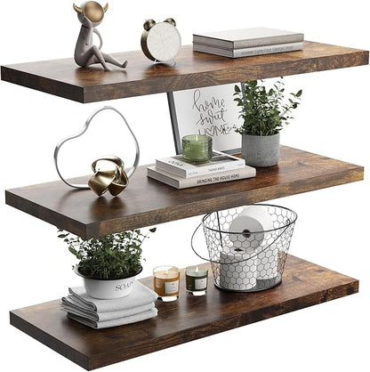 Wall Shelf Set of 3, Rustic Brown Floating Shelves 30 in W x 10 in D x 1 in H, Wooden Floating Wall Shelf with Invisible Brackets for Living Room/Bedroom/Bathroom/Kitchen Storage and Decor