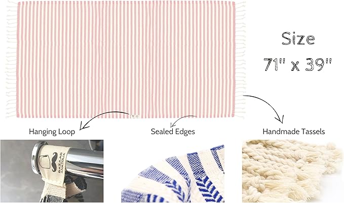 Bazaar Anatolia Turkish Beach Towel – 100% Cotton, Quick Dry, Sand Free Pink Picnic Blanket for Bathroom and Travel – Oversized 71x39 Inches – Arpa Pink