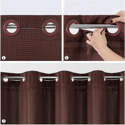 MitoVilla No Hooks Need Brown Waffle Shower Curtain Liner Set, Modern Waffle Weave Fabric Shower Curtains Set with Snap-in Liner for Luxury Hotel Grade Spa-Like Bathroom Decor, Dark Brown, 72 x 74