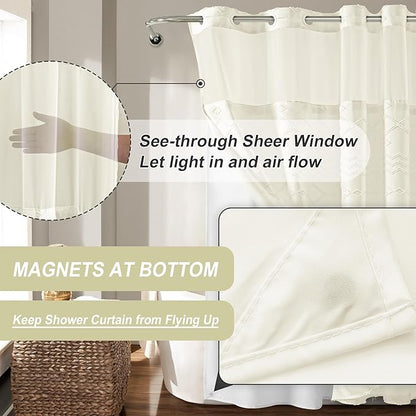 No Hooks Shower Curtain with Snap-in Liner, Beige Boho Fabric Tufted Chevron Striped Textured Shower Curtains for Bathroom, Water Repellent Hotel Quality Luxury Shower Curtain, 72Wx74H