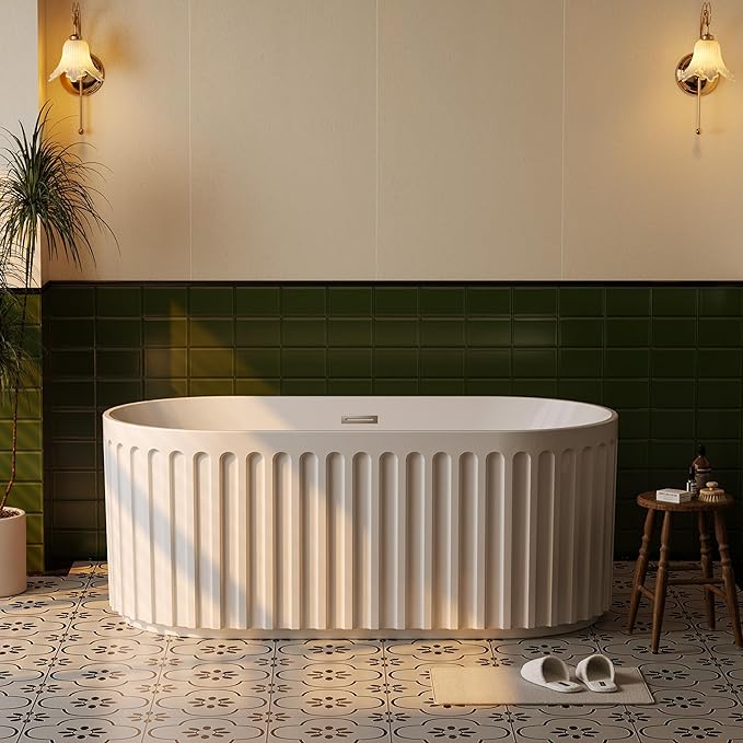 GarveeLife Freestanding Bathtubs 59 inch Glossy White Acrylic Soaking Tub – Modern Striped Freestanding Bath Tub with Overflow, Pop-Up Drain & Hidden Drainage for Home Spa and Bathroom Upgrade