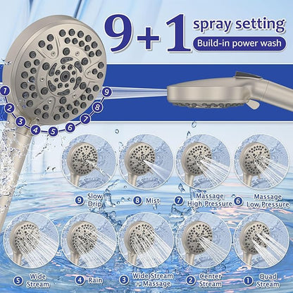 Iriber Brushed Nickel Round Rain Shower System Faucet Set，Bathroom Filtered Shower Head with Handheld, 9 Spray Mode Showerhead with Filters,Shower Valve Trim Kit Contain Cartridge,10 Inch
