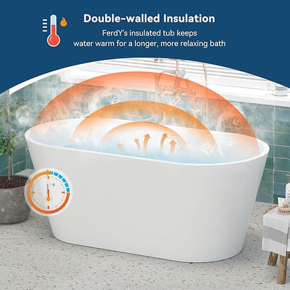 FerdY 59" Shangri-La Elite, Acrylic Freestanding Bathtub, Modern & Contemporary Design Soaking Tub with Brushed Nickel Pop-Up Drain and Minimalist Design Overflow, Glossy White, cUPC Certified