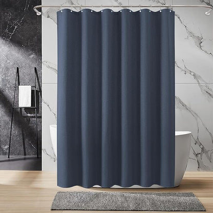 Inhousolu Fabric Shower Curtain Waffle Weave, Navy Blue 230 GSM Heavy Duty, Weighted Hem, 14 Metal Hooks, Water Repellent, Machine Washable, Hotel Spa Luxury Bath Curtain Set, 72 x 72 Inch
