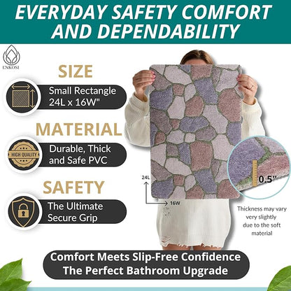 ENKOSI Loofah Non-Slip Shower and Bath Mat - Soft Cushioned Comfort - No Suction Cups for Smooth or Textured Tubs - Fast Draining - Safety for Bathroom, Family, Kids, and Elderly (24x16 Stone Path)