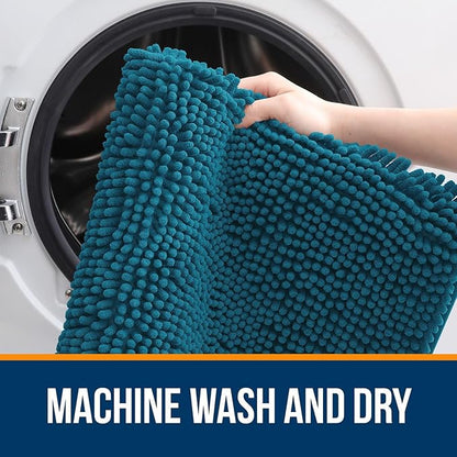 OLANLY Bathroom Rugs Sets 2 Piece, Soft Absorbent Chenille Bath Mats and U-Shaped Contour Toilet Mat Area Rug Set, Machine Washable Bath Carpet, Home Decor Accessories(24"x16"+24"x20", Peacock Blue)