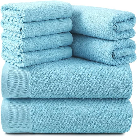 REDKISS Luxury Bath Towel Set of 8, 100% Cotton Bathroom Towels Set with 2 Bath Towels, 2 Hand Towels, 4 Washcloths, Ultra Soft Highly Absorbent Towels for Bathroom, Gym, Hotel, Spa, Blue