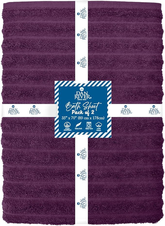 DAN RIVER Pack of 2 Bath Sheet 35x70 Inches, Oversized Ribbed Quick Dry Towel, Soft Luxury Towels for Bathroom - Purple Passion
