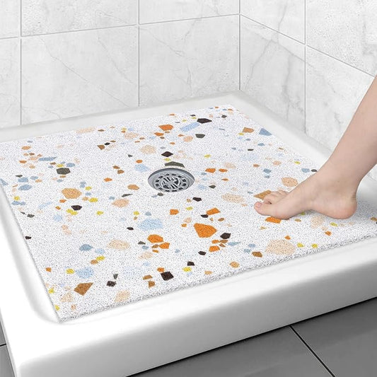 Square Shower Mat Non Slip: 31x31 Inch Shower Floor Mat with Drain Hole in Middle, Super Soft and Comfortable PVC Loofah Massage Bath Mat for Shower, Anti Slip Shower Stall Mat, Quick Drying
