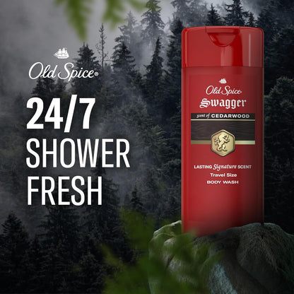 Old Spice Refreshing Body Wash for Men, 3X Defense, 24/7 Shower Fresh with Long Lasting Scent, Travel Size, Red Collection, Swagger with Cedarwood Scent, 3 oz