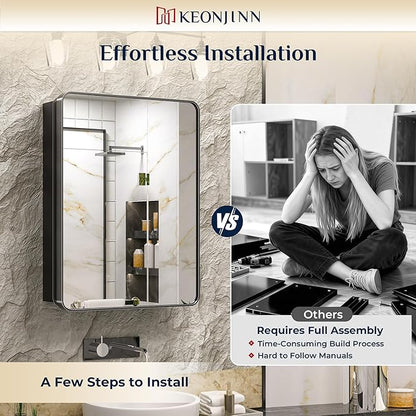 Keonjinn 15 x 36 Inch Black Slim Medicine Cabinets, Narrow Bathroom Medicine Cabinet with Mirror, Stainless Steel Framed, Adjustable Shelves, Recessed or Wall Mount, Soft Closing, Modern Farmhouse