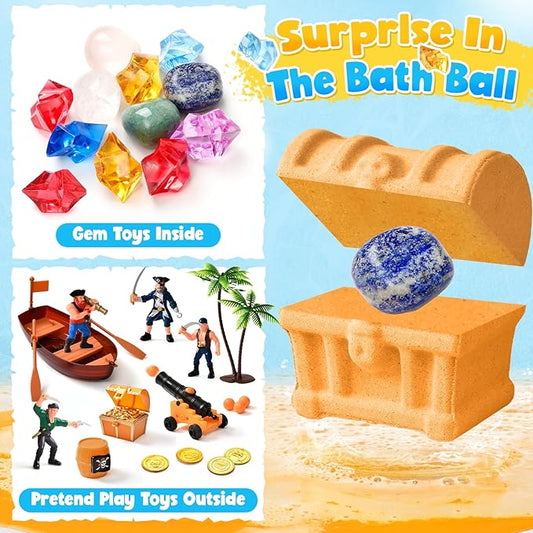 Bath Bombs for Kids with Diving Gem Toys Inside, 12 Pack Treasure Chest Bath Bombs with Surprise Pirate Accessories Pretend Playset, Handmade Bubble Bath Fizzies Birthday Christmas Gift Set