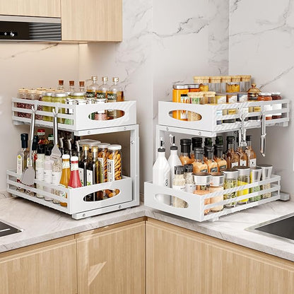 Under Sink Organizer, 2 Tier Under Sink Organizers and Storage, Adjustable Height, Slide out Metal Cabinet Organizers, Pull out Cabinet Storage Drawer Shelf for Kitchen Bathroom