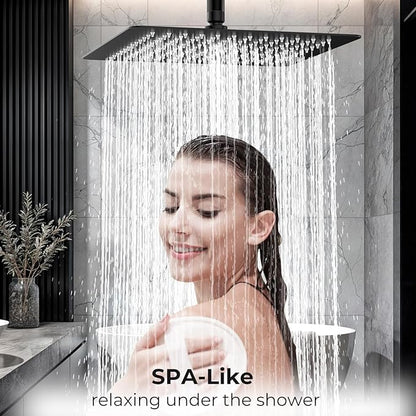 Rain Shower Head, High Flow Stainless Steel Square Rainfall Shower, Waterfall Bath Shower Body Covering, Ceiling or Wall Mount, Ultra Thin (12 Inch, Matte Black)