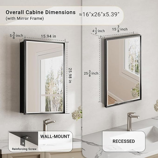 16x26 Pre-Assembled Black Medicine Cabinet with Mirror, Surface or Recessed Medicine Cabinet Mirror for Bathroom, Aluminum Beveled Frame Bathroom Vanity Mirror with Adjustable Shelves Storage