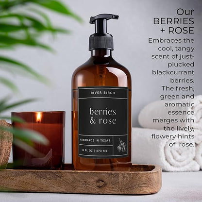 River Birch Berries & Rose Scented Natural Hand Soap - Handmade Soap - Moisturizing Hand Wash with Amber Dispenser - Luxury Scented Hydrating Hand Soap - Vegan and Non Toxic - 16 Fl Oz