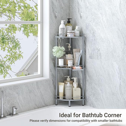 ELYKEN Corner Shower Caddy Standing, 3 Tier Rustproof Metal Shower Organizer with Soap Holder, Floor Shower Corner Shelf Rack Storage Stands with Adjustable Feet & 2 Hooks for Bathroom, Silver