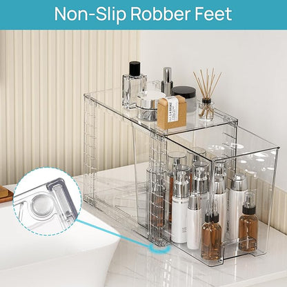 Vtopmart 2 Pack Clear Stackable Storage Drawers,9.7" High Plastic Organizers Bins for Skincare, Bathroom Supplies,Ideal for Cabinet,Undersink,Vanity,Kitchen,Pantry Organization