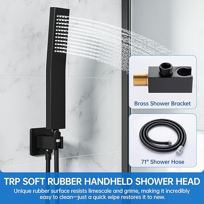 12 Inch Luxury Rain Shower Faucet Set, Matte Black Shower System with Rainfall Shower Head and Handheld Spray, SUS304 Stainless Steel and Solid Brass Wall Mounted Shower Valve Trim Kit