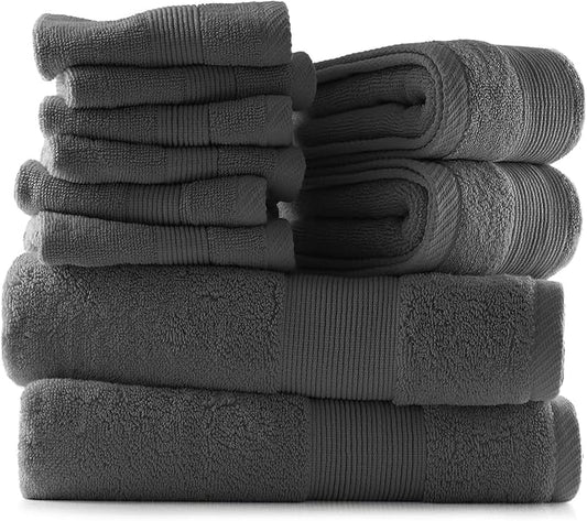 Hearth & Harbor Bath Towels for Bathroom - 100% Ring Spun Cotton Luxury Bathroom Towels - Ultra Soft & Highly Absorbent, Bath Towels Set of 10 - Dark Gray