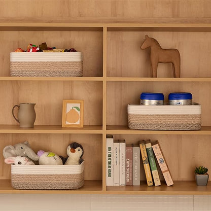 Large Shallow Organizing Baskets 15x11x5.1 Inches - Rope Woven Storage Bins for Bathroom, Shelves, Cube Closet, Gradient Brown 3 Packs