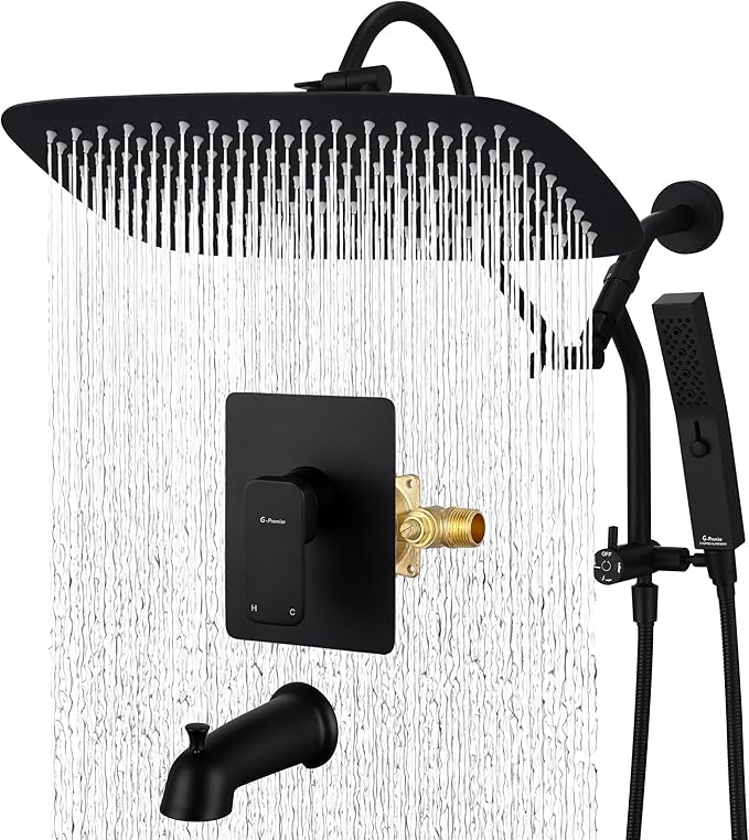 G-Promise 14 Inches Shower faucet Sets Complete, All Metal Rainfall Shower Head and Handle Set, Extended Downward Diverter, Extension Arm, Pressure Balance Rough-in Valve and Tub Spout Included