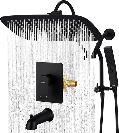 G-Promise 14 Inches Shower faucet Sets Complete, All Metal Rainfall Shower Head and Handle Set, Extended Downward Diverter, Extension Arm, Pressure Balance Rough-in Valve and Tub Spout Included