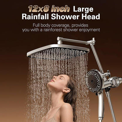 Denkee Filtered Shower Head High Pressure, 12 Inch Rain Shower Heads with Handheld Spray Combo, 10 Sprays Detachable Showerhead Built-in Magnetic Docking and Power Jets, Come with Filter Replacement