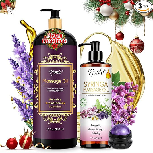 2 Pack Massage Oil for Massage Therapy, Lilac Oil, Lavender Massage Oil for Skin, with Massage Roller Ball, Natural Body Oil for Calming, Aromatic, Soothing, Christmas Spa Gifts for Him Her