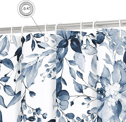 Gibelle Extra Long Shower Curtain 72 x 84, Navy Blue Floral Shower Curtain for Bathroom, Watercolor Plant Eucalyptus Leaves Fabric Shower Curtain Set