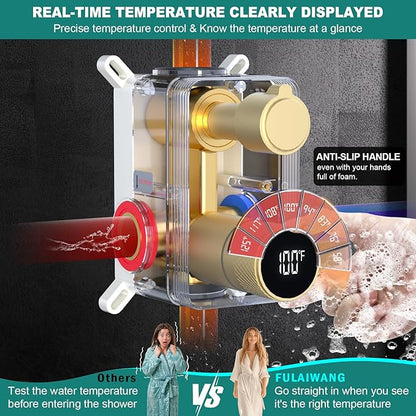 Temperature Display 2 Way Shower Valve Brass Rough-in and Rectangle Trim Kit, Dual Function Digital Shower Mixer Valve, Brushed Gold