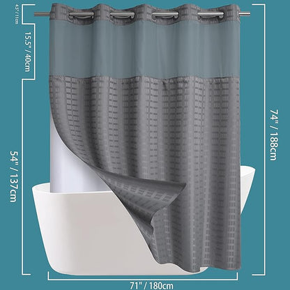 Conbo Mio No Hook Shower Curtain with Snap in Liner Set, Hotel Luxury Grey Shower Curtains for Bathroom with See Through Top Window, Waterproof, Washable 71W x 74H