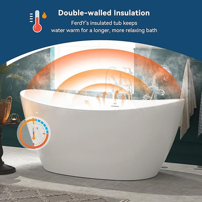 FerdY Naha 67" Freestanding Bathtub, Curve Edge Soaking Bathtub with Polished Gold Drain and Minimalist Linear Design Overflow, Easy to Install 588