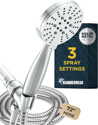 HammerHead Showers® Solid Metal 3-Spray Handheld Shower Head with Long Hose and Holder - CHROME - 2.5 GPM High Pressure Shower Head with Handheld Sprayer - WIDE, MASSAGE, and MIST Sprays