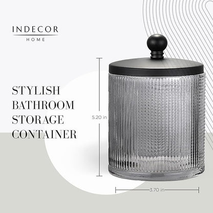 Gray Colored Tranlucent Apothecary Ribbed Geo Etched Glass Jar W/Matte Black Metal Lid Cover for Bathroom Organization, Cotton Balls, Q Tips, and Small Accessories, Bathroom Storage