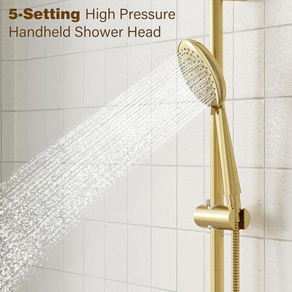 Gabrylly Shower System Gold, Slide Bar Shower Faucet Set with High Pressure 10" Rain Head and 5-Setting Handheld Spray, 2 Way Pressure Balance Valve with Trim Kit, Brushed Gold