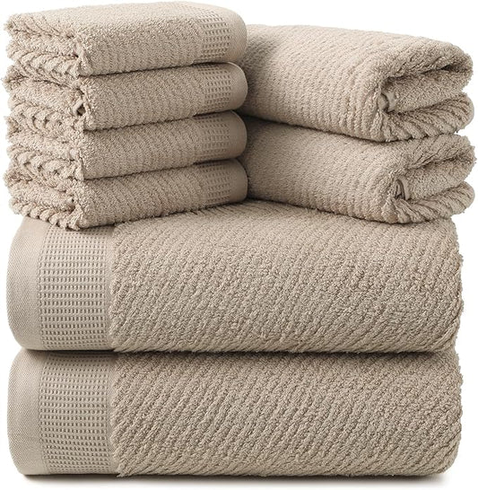 REDKISS 8-Piece Premium Towel Set, 2 Bath Towels, 2 Hand Towels, 4 Washcloths, 100% Cotton, Quick Dry, Highly Absorbent Towels for Bathroom, Gym, Hotel, Spa, Dark Coffee