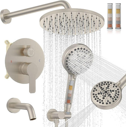 Iriber Brushed Nickel Bathtub Shower Faucet Set，Bathroom Shower System with Tub Spout ，Filtered Shower Head with Handheld, 9 Spray Mode Showerhead,Shower Valve Trim Kit Contain Cartridge,10 Inch