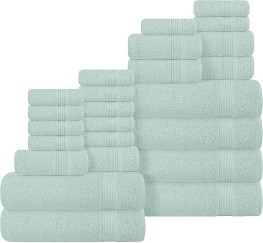 Belizzi Home 100% Cotton Towel Set, Contains 6 Soft Bath Towel, 6 Hand Towels, 12 Wash Cloths - Compact Absorbent Lightweight & Quickdry Towels for Bathroom - 24 Piece Bathroom Towel Set - Sea Green