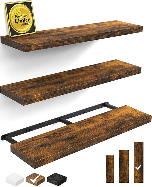 BAYKA Floating Shelves for Wall, 36 inches Wall Mounted Wood Shelves for Bathroom, Bedroom, Living Room, for Storage/Decor with 30lbs Capacity - Rustic Brown,Set of 3