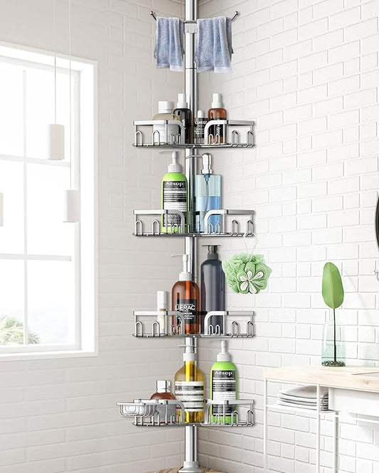 Corner Shower Caddy Tension Pole,39-113 inch Adjustable Rustproof Floor Standing Shower Organizer Shelf with 4 Basket for Bathtub,Inside Shower Shampoo Storage Silver