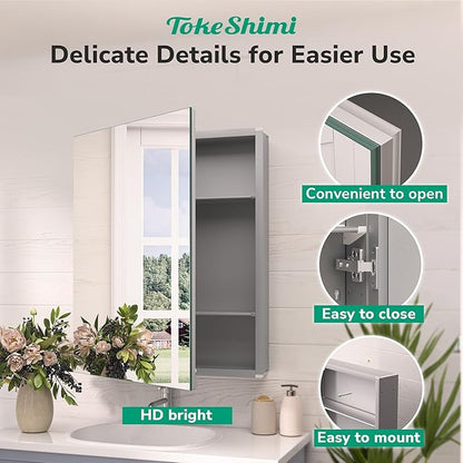 TokeShimi 48x32 Mirror with Stepless Adjustable Storage, Aluminum Tempered Bathroom Mirror Medicine Cabinet Silver, Frameless Farmhouse Medicine Cabinet for Recessed or Surface Mount Modern