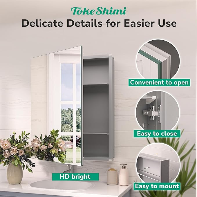 TokeShimi 12 x 36 Farmhouse Medicine Cabinet Recessed or Surface Mount Aluminum, Mirror with Stepless Adjustable Storage, Silver Bathroom Mirror Medicine Cabinet Frameless Metal Modern