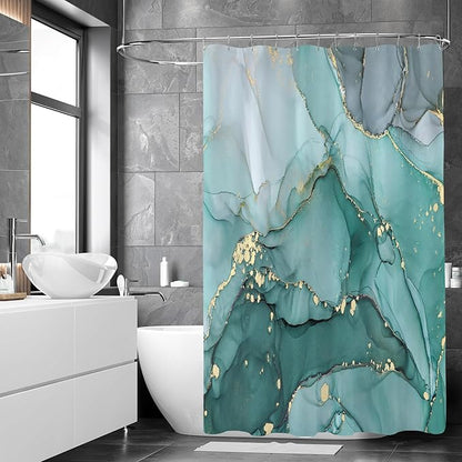 Turquoise Marble Shower Curtain, Teal Modern Abstract Fabric Shower Curtains for Bathroom, Luxury Art Ink Texture Watercolor Aqua Shower Curtain Set with Hooks 72x72