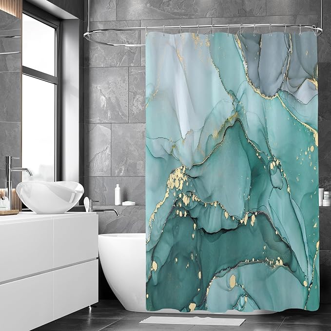Extra Long Shower Curtain 72 x 84 Inch, Turquoise Tall Abstract Marble Shower Curtains for Bathroom, Modern Luxury Art Decor Ink Texture Fabric Shower Curtain Set with Hooks