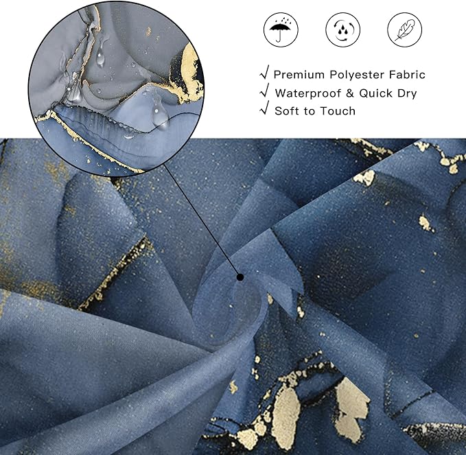 Navy Blue Marble Shower Curtain, Dark Blue Modern Abstract Fabric Shower Curtains for Bathroom, Luxury Art Ink Texture Watercolor Shower Curtain Set with Hooks 72x72