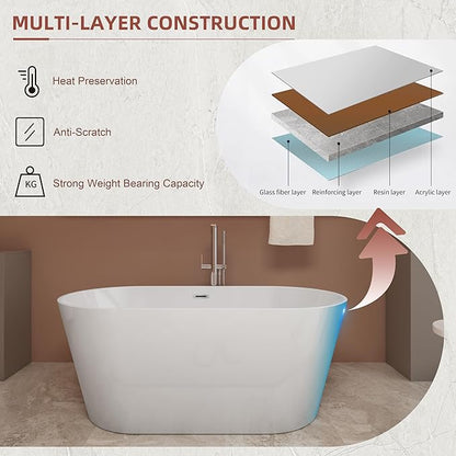 67 inch Freestanding Soaking Bathtub, Modern Stand Alone Free Standing Acrylic Tub with Center Drain & Overflow, Glossy White