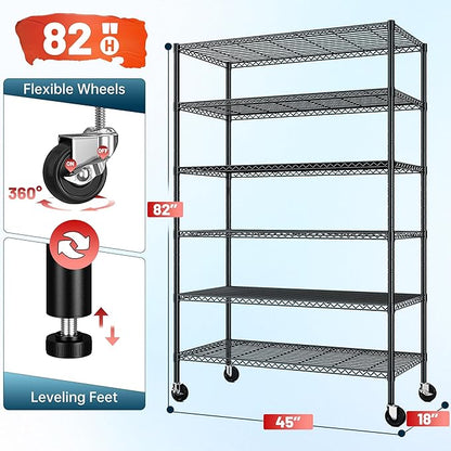 82" H X45 W X18 D Wire Shelving Unit, 6 Tier Adjustable Storage Shelves with Wheels 1200LBS Metal Shelving for Restaurant Garage Pantry Kitchen Closet Commercial,Black